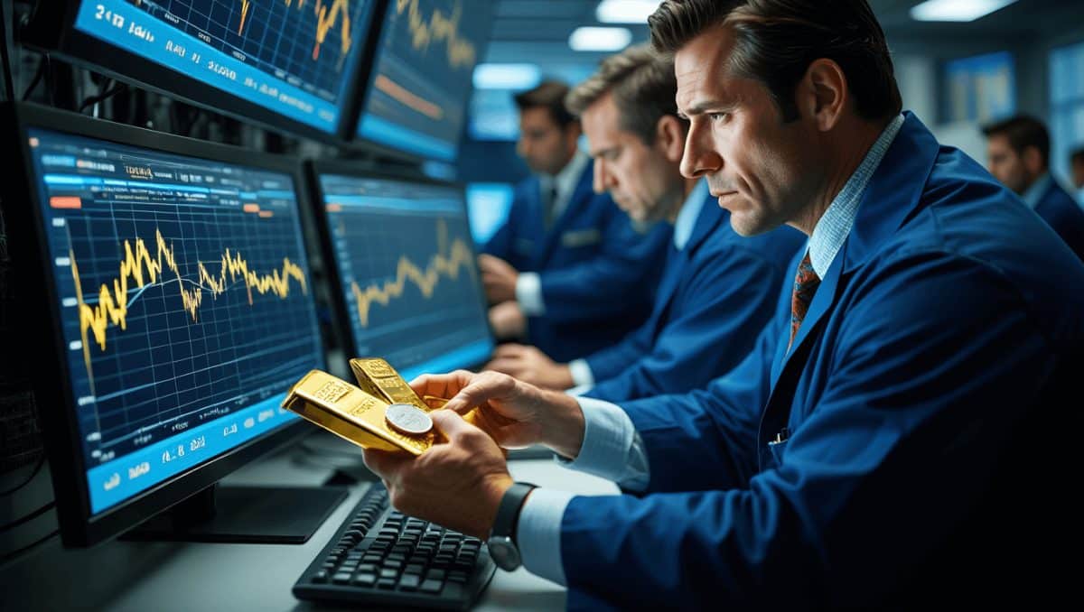 Goldbarren gestapelt vor einem steigenden Chart