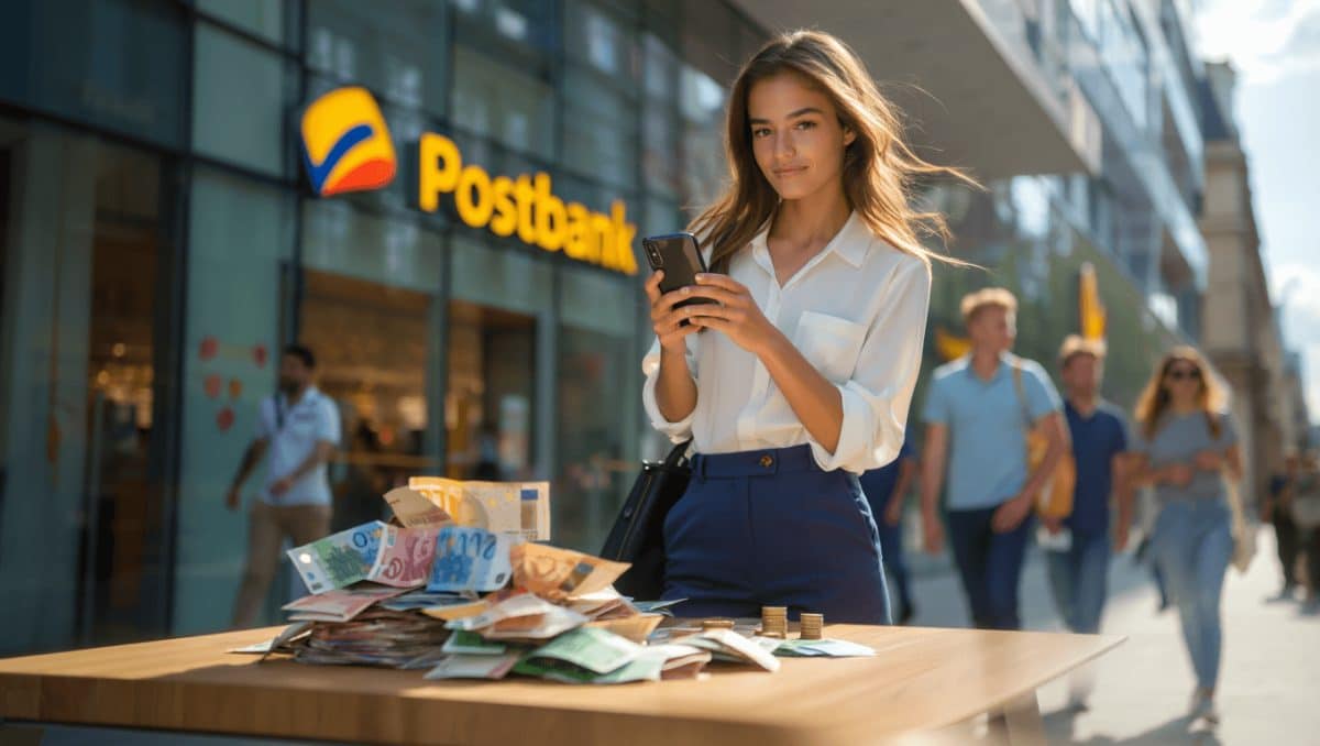 Eine Person im Anzug sitzt an einem Tisch und streckt eine Hand nach vorn, als würde sie auf eine transparente Oberfläche zeigen. Über dem Bild liegen mehrere halbtransparente Sechsecke mit Prozentzeichen, rechts ist ein großes Prozentzeichen zu sehen. Unten links ist das Postbank-Logo mit dem Schriftzug „Postbank“ eingeblendet, der Hintergrund wirkt wie ein unscharfes Büro oder Regal.