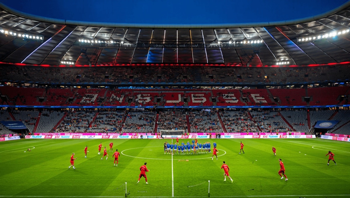 Logos von FCB und FCU auf Stadionhintergrund
