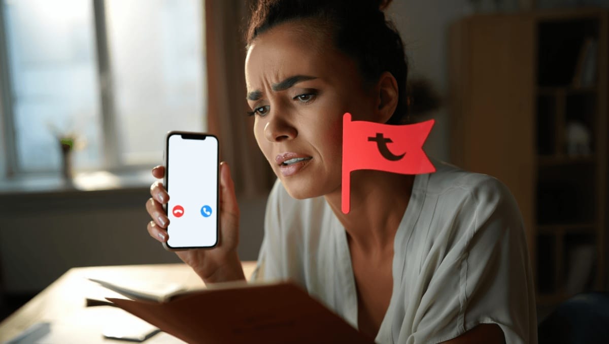 Frau schaut besorgt auf ihr Smartphone