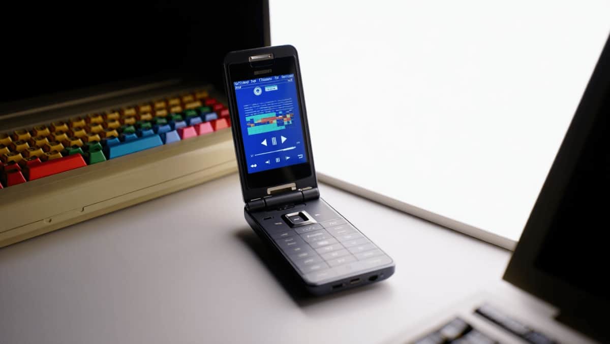 Weißes Commodore-Klapphandy mit kleinem Außendisplay lehnt an einem Monitor im Retro-Design. Auf dem Display des Handys sind Uhrzeit und weitere rote Anzeigen zu sehen. Daneben zeigt der Monitor mehrere Zeilen mit blauem Text auf schwarzem Hintergrund. Im Vordergrund ist ein Gehäuse mit Commodore-Logo und der Aufschrift "PET 2001 Series" sichtbar.