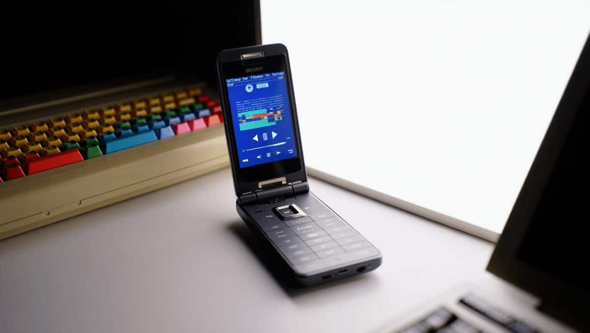 Weißes Commodore-Klapphandy mit kleinem Außendisplay lehnt an einem Monitor im Retro-Design. Auf dem Display des Handys sind Uhrzeit und weitere rote Anzeigen zu sehen. Daneben zeigt der Monitor mehrere Zeilen mit blauem Text auf schwarzem Hintergrund. Im Vordergrund ist ein Gehäuse mit Commodore-Logo und der Aufschrift "PET 2001 Series" sichtbar.