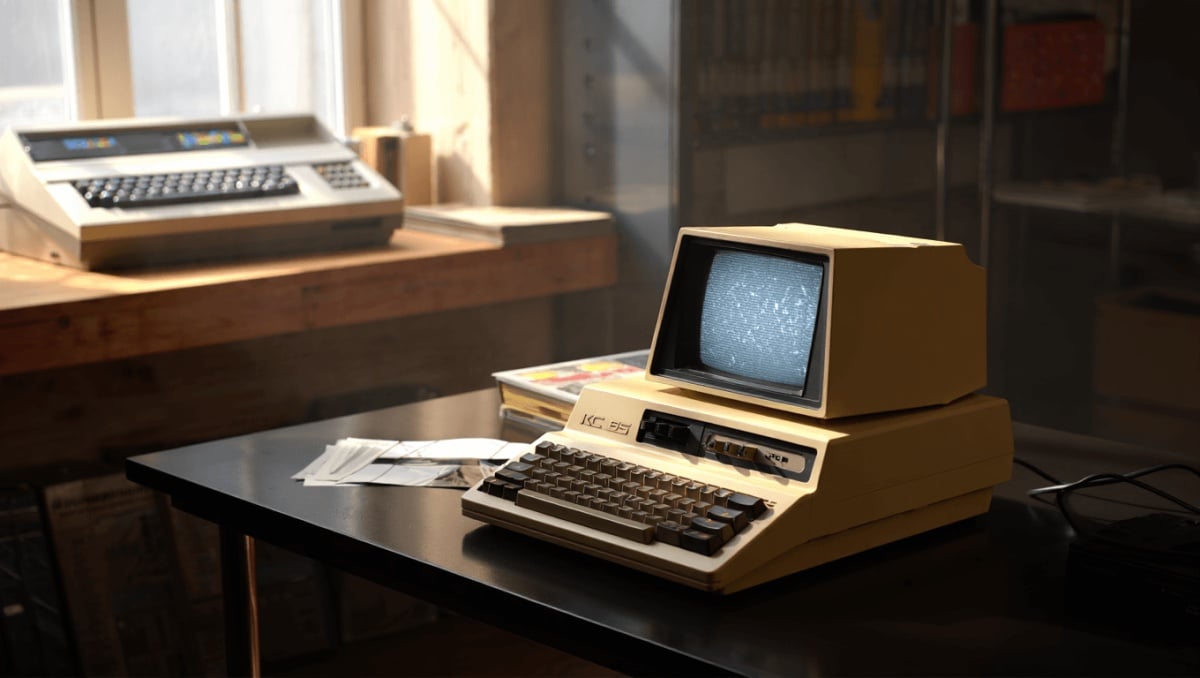 KI generiert! Ein schwarzer Computer vom Typ KC 85/3 steht auf einem Holztisch. Davor liegt eine separate Tastatur mit hellen Tasten. Links daneben befindet sich ein Röhrenmonitor, auf dessen Bildschirm eine grüne grafische Darstellung zu sehen ist. Auf dem Tisch liegen außerdem mehrere elektronische Platinen, Werkzeuge und Papierunterlagen. Im Hintergrund ist durch ein Fenster ein Gebäude mit Schornstein sowie eine Deutschlandflagge zu erkennen.