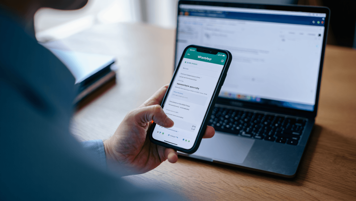 Unscharfe Nahaufnahme eines Smartphone-Bildschirms mit dem grünen WhatsApp-Logo in der Mitte. Oben rechts auf dem Symbol befindet sich ein rotes Benachrichtigungs-Badge mit der Zahl „1“, das auf eine neue Nachricht hinweist. Der Hintergrund ist stark verschwommen und dunkel gehalten.