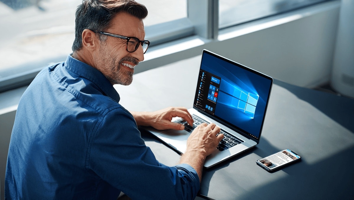 Dunkler Hintergrund mit einem feinen Raster. Links verläuft eine türkisfarbene Linie mit einer Wellenform, die dann in eine gerade Linie übergeht. In der Mitte ist das Windows Logo zu sehen, rechts daneben steht der Text Windows 10 in derselben Farbe.