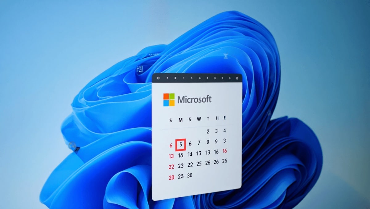 Eine stilisierte Illustration zeigt eine Person mit Hut und Koffer, die auf einem schmalen Weg durch eine weite Landschaft steht. Der Weg ist an einer Stelle wie eine aufgerollte Bahn dargestellt. Rechts im Bild sind das Windows Logo und der Schriftzug Windows 11 zu sehen.