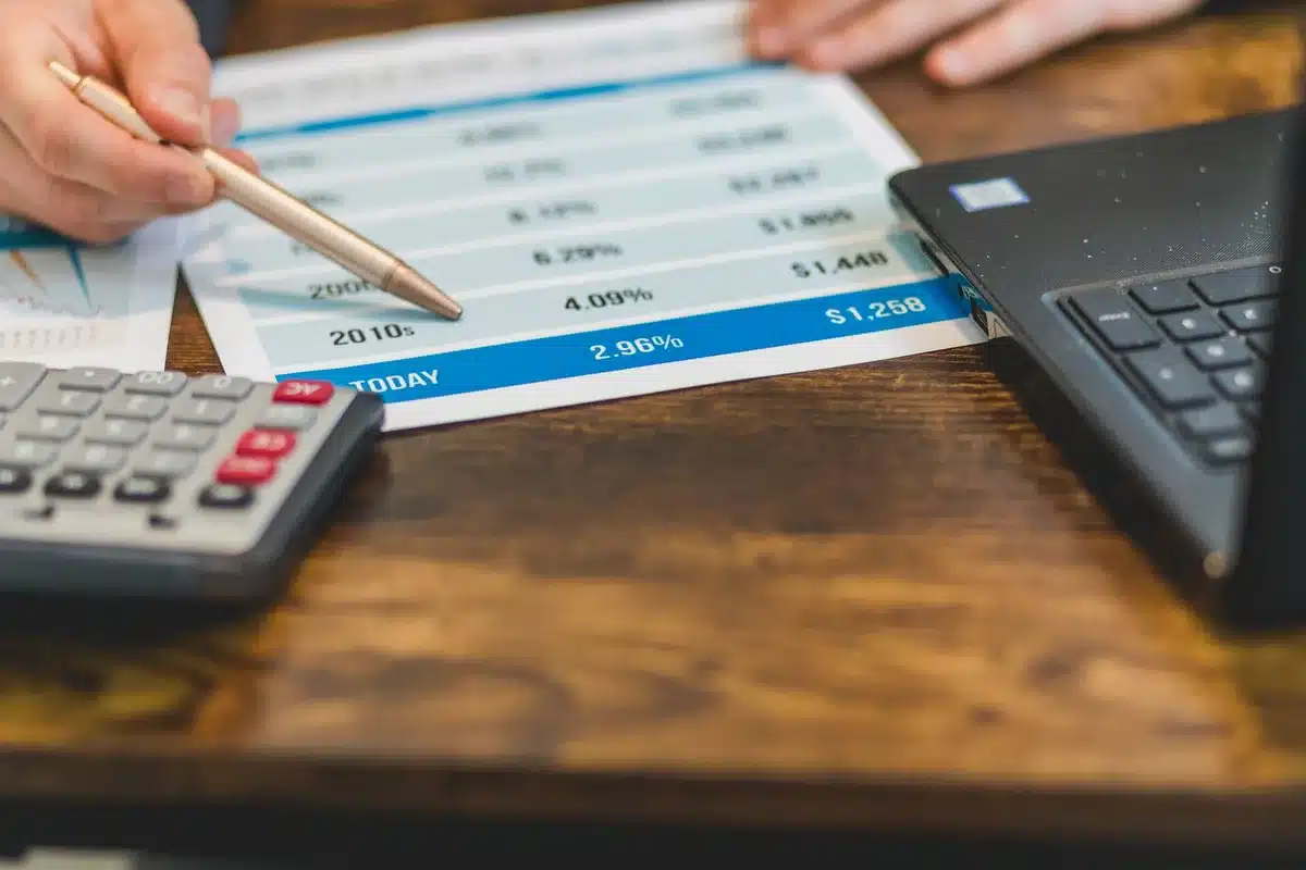 Taschenrechner und Finanzunterlagen mit Zinss&auml;tzen auf einem Schreibtisch