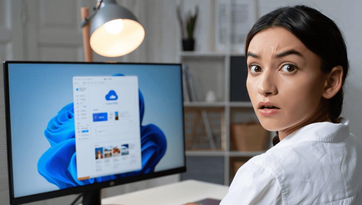 Das Bild zeigt einen geöffneten Laptop auf einem Schreibtisch in einer Büro- oder Arbeitsumgebung. Auf dem Bildschirm ist die Benutzeroberfläche von Windows zu sehen. Im Vordergrund befindet sich ein großes Dialogfenster der Anwendung „OneDrive Fotos“. Im Fenster steht gut sichtbar der Text: „Ihre Fotos. Unsere Analyse. Bessere Erlebnisse für Sie.“ Darunter wird erläutert, dass Fotos in OneDrive analysiert werden können, um Personen zu erkennen, Alben automatisch zu erstellen und personalisierte Vorschläge zu machen. Am unteren Rand befinden sich zwei Schaltflächen: „Zustimmen und fortfahren“ sowie „Nicht zustimmen“. Neben dem Text sind Grafiken zu sehen, darunter ein Wolkensymbol mit Schloss, mehrere kleine Porträtbilder, eine digitale Gesichtserkennung mit markiertem Gesicht und stilisierte Serversymbole. Diese Elemente sollen die Analyse und Speicherung von Fotos in der Cloud darstellen. Über dem Dialogfenster wurde ein großes rotes Warnsymbol eingefügt. Es besteht aus einem roten Dreieck mit einem Ausrufezeichen in der Mitte und hebt sich deutlich vom dunklen Hintergrund ab. Das Symbol vermittelt einen Hinweis auf mögliche Datenschutz- oder Sicherheitsbedenken. Links auf dem Bildschirm befindet sich die Windows-Startansicht mit verschiedenen Anwendungen, darunter OneDrive, OneNote, Outlook, Paint und Fotos. Die Anwendung „OneDrive Fotos“ ist hervorgehoben. Der Laptop steht auf einem Holzschreibtisch. Rechts daneben befindet sich ein schwarzer Stiftehalter mit mehreren Stiften und Bleistiften. Im Hintergrund sind ein Regal, eine Schreibtischlampe und ein Fenster zu erkennen. Die Umgebung ist unscharf dargestellt, sodass der Fokus auf dem Laptop-Bildschirm liegt. Die Farben des Bildes werden von dunklen Blau- und Schwarztönen des Windows-Hintergrunds sowie dem auffälligen Rot des Warnsymbols bestimmt. Das Bild vermittelt den Eindruck eines Berichts oder Artikels über die automatische Fotoanalyse von Microsoft OneDrive und mögliche Datenschutzfragen.