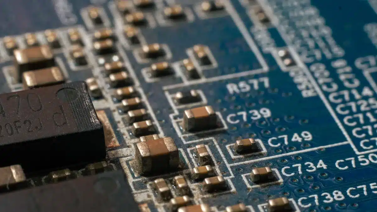 Nahaufnahme von High-End-Audio-DAC-Schaltkreisen mit mehreren Chips in symmetrischer Anordnung