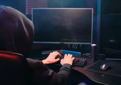 Anonyme Hände an einer Tastatur vor einem Monitor mit Kryptowährungscharts und digitalen Münzen