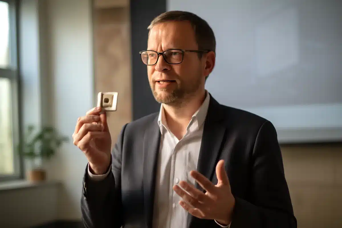 Was genau angek&uuml;ndigt wurde &mdash; SaxonQ, ein Start-up mit rund 17 Mitarbeitenden, pr&auml;sentierte k&uuml;rzlich einen Chip, der auf Diamant als Tr&auml;germaterial setzt. Gesch&auml;ftsf&uuml;hrer Marius Grundmann erkl&auml;rte, das Bauteil sei technisch reif und k&ouml;nne in drei bis vier Monaten geliefert werden. Die