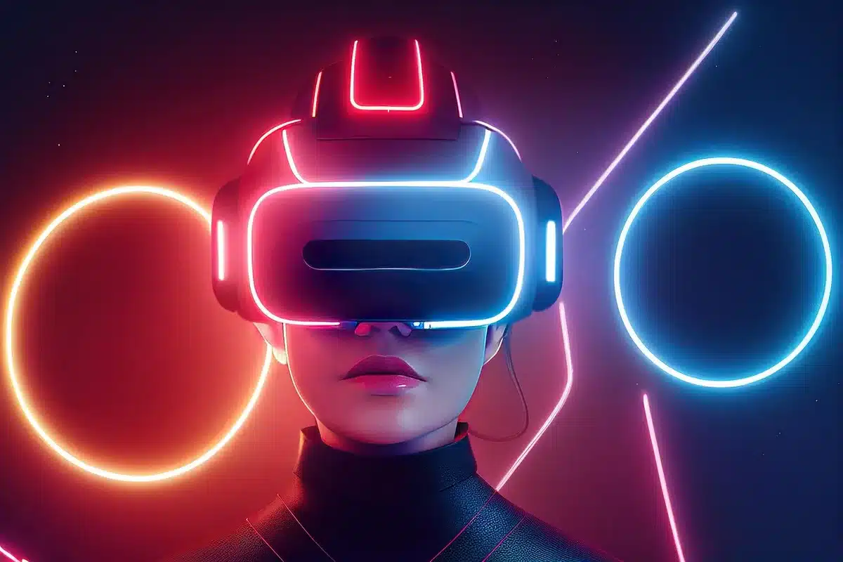 Micro‑OLED AR‑Brille auf einem Tisch neben einem Ständer
