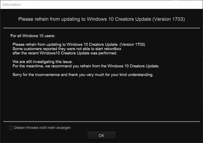 Rekodbox warnt vor Windows 10 Creators Update
